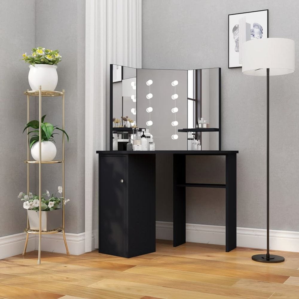 Vidaxl Rohový toaletný stolík s LED čierny 111x54x141,5 cm